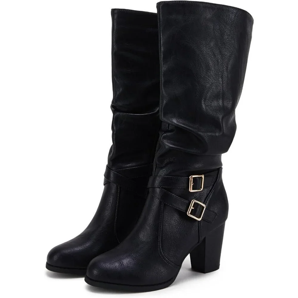Women Black 1 Mid Knee High Boots Chunky Heel Slouchy Metal Buckle Winter Shoes